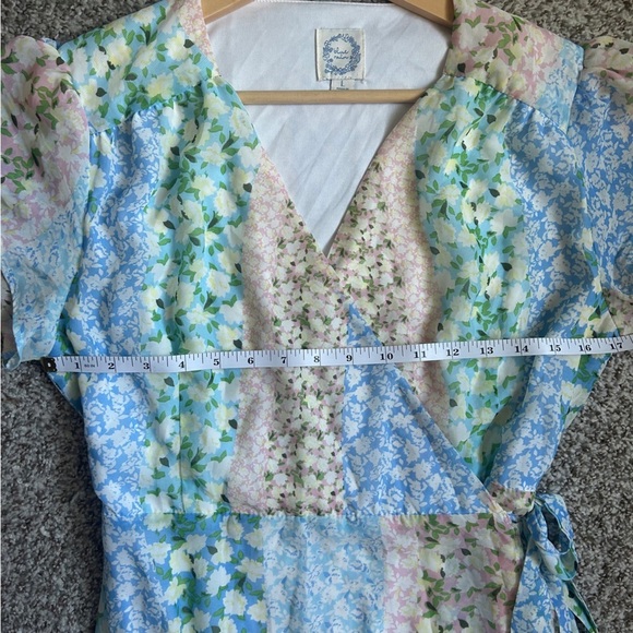 Blue Rain Floral Midi Wrap Dress Pastel Formal Lightweight Wedding Guest Garden - Picture 6 of 7